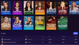 SpinBet blackjack games by Evolution and Pragmatic Play, including live dealers and recent bets table